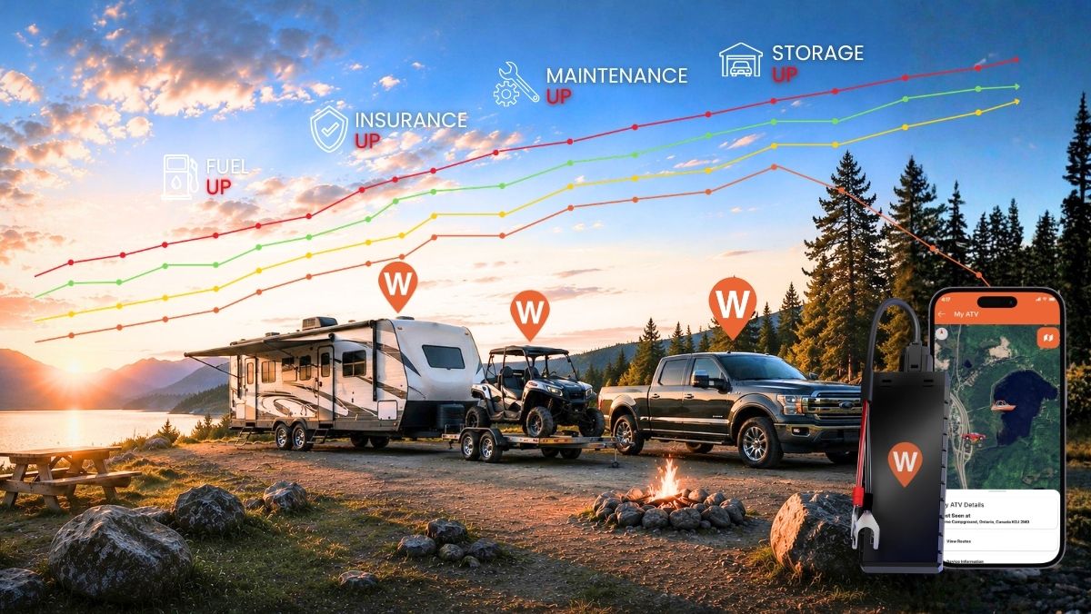 Graphic with lines showing prices rising for fuel, insurance, maintenance and insurance while WhereSafe GPS prices are falling, with a truck trailer and UTV on a campsite and the Easy Connect GPS Tracker and WhereSafe App.