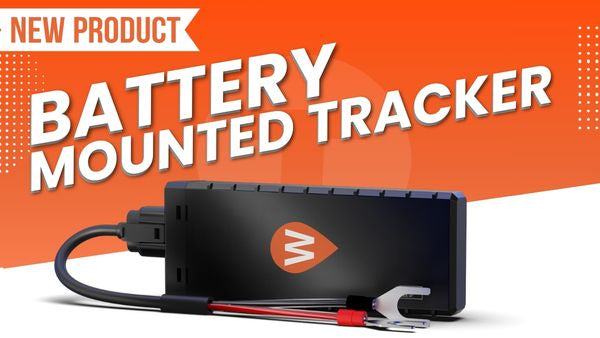New Product image of the WhereSafe Battery Mounted Tracker on an orange and white background.