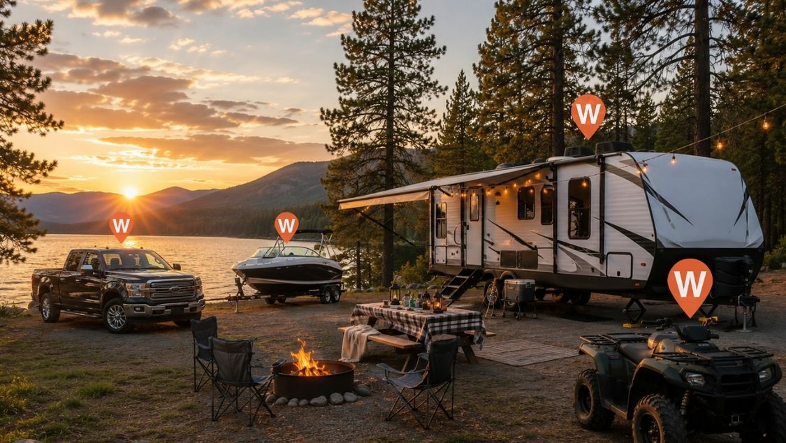 An RV, boat, ATV, and pickup truck parked together at sunset with subtle GPS tracking elements overlaid on the image