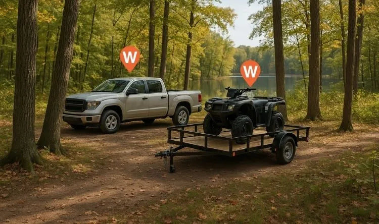 ATV GPS Tracker and truck parked at hunting camp