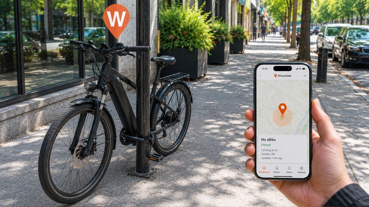 An eBike locked to a lampost on a street with a hand holding a smartphone with the wheresafe app displaying its location data.