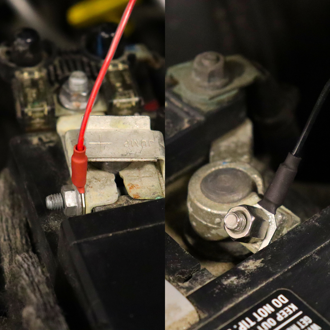 Side-by-side close-up of positive and negative battery terminals with wires from the Easy Connect Tracker attached. 
