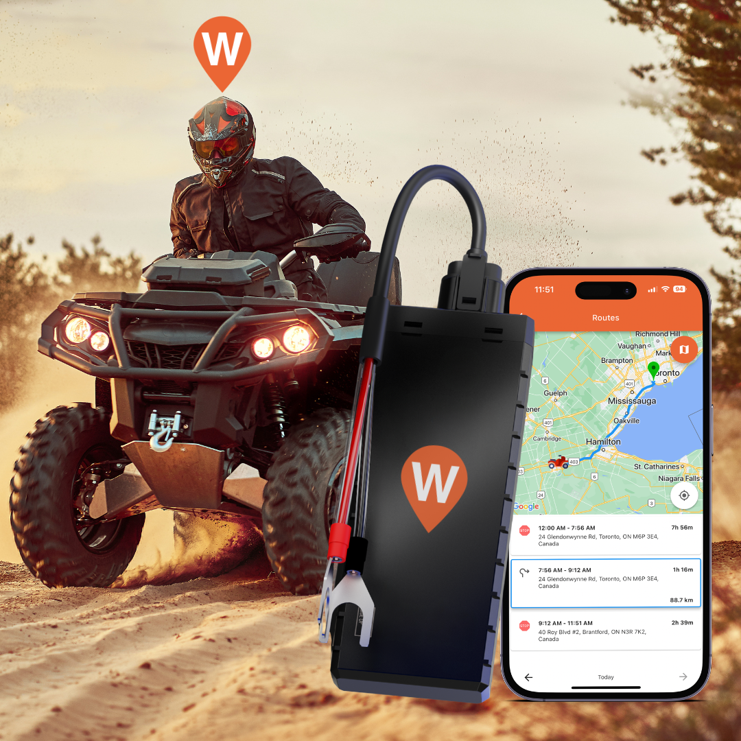 Person on an ATV on a sandy trail, with a WhereSafe logo overhead and with a WhereSafe Easy Connect battery mounted GPS tracker and smartphone displaying the WhereSafe app map.