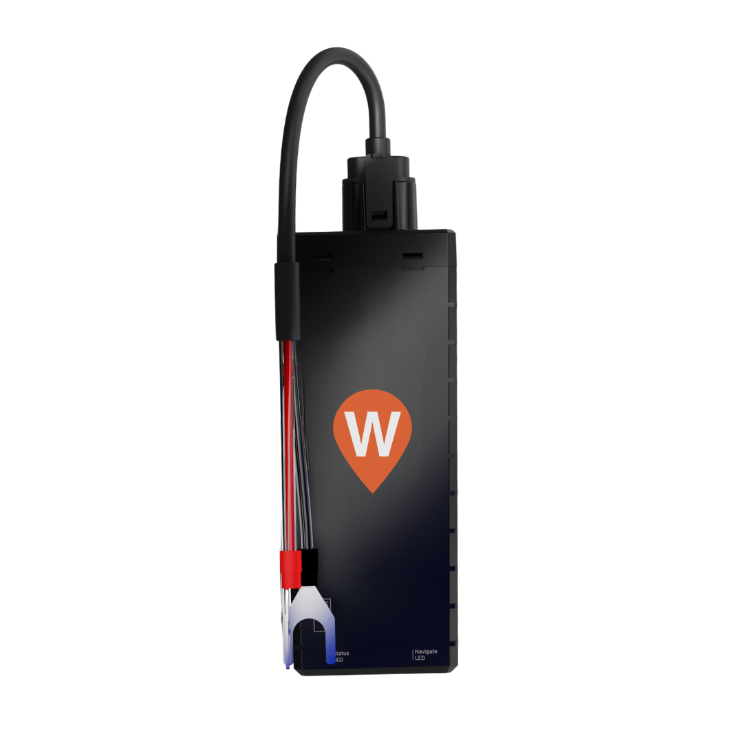 WhereSafe Easy Connect GPS tracker with a logo, standing vertically on a white background