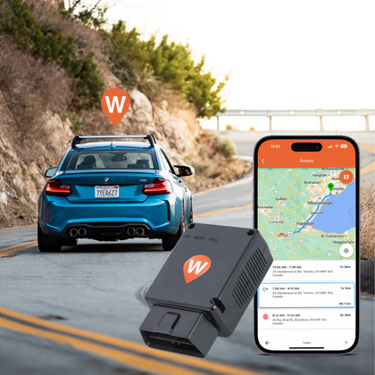 A WhereSafe OBDII GPS tracker, with a smartphone showing the real-time location on a map in the WhereSafe app, with a blue car driving on a road with a WhereSafe logo above it.