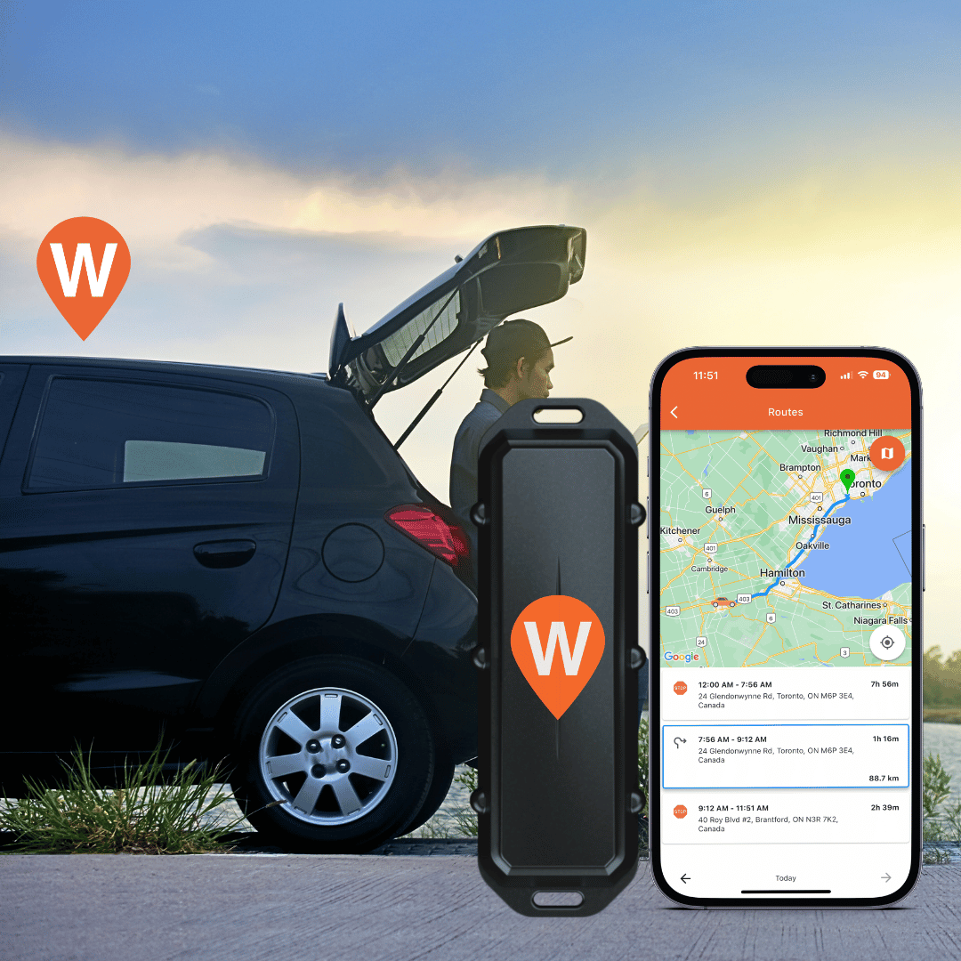 A WhereSafe One GPS tracker is shown beside a vehicle with an open trunk and a WhereSafe logo overtop. A smartphone displaying the WhereSafe app interface is also shown, indicating map location data.