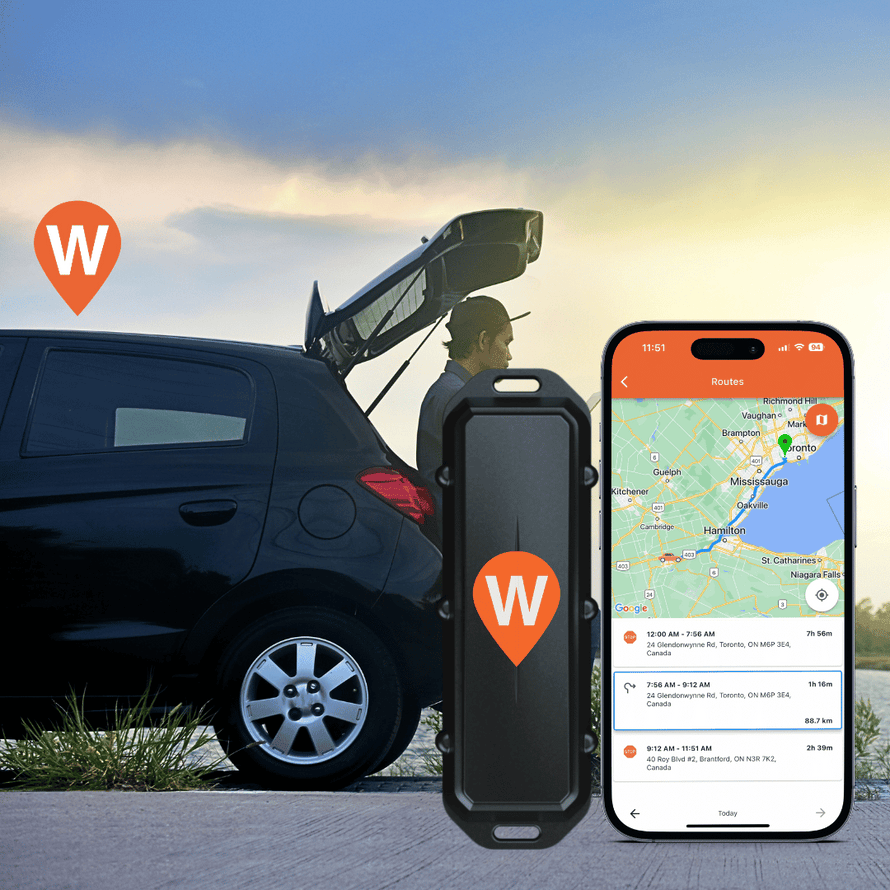 A WhereSafe One GPS tracker is shown beside a vehicle with an open trunk and a WhereSafe logo overtop. A smartphone displaying the WhereSafe app interface is also shown, indicating map location data.