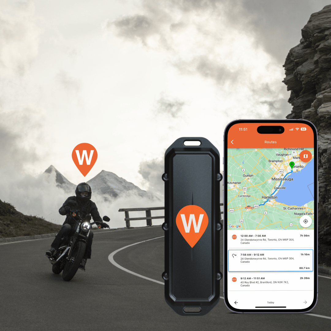 The WhereSafe One GPS Tracker and smartphone showing the WhereSafe app map, with a man riding a motorcycle on a winding mountain road, with a WhereSafe GPS logo above him.
