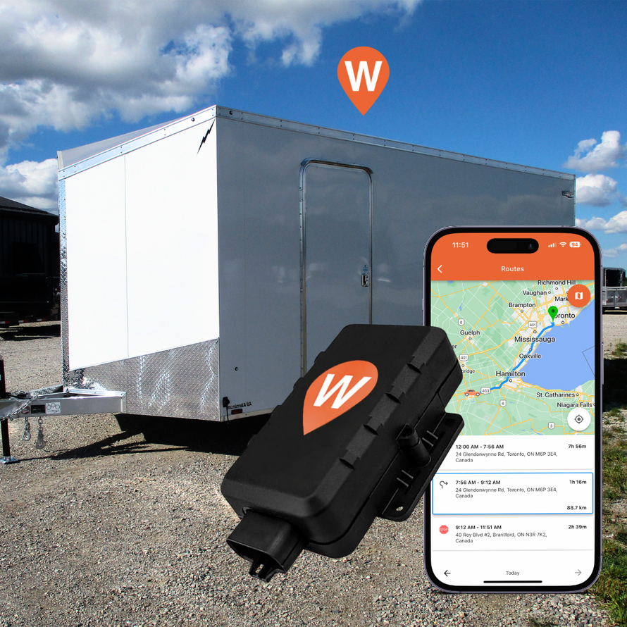 The WhereSafe Rugged GPS Tracker w with the WhereSafe app map interface on a smartphone, indicating its use for tracking the location of assets, with a cargo trailer in the background and a WhereSafe logo overtop of it.