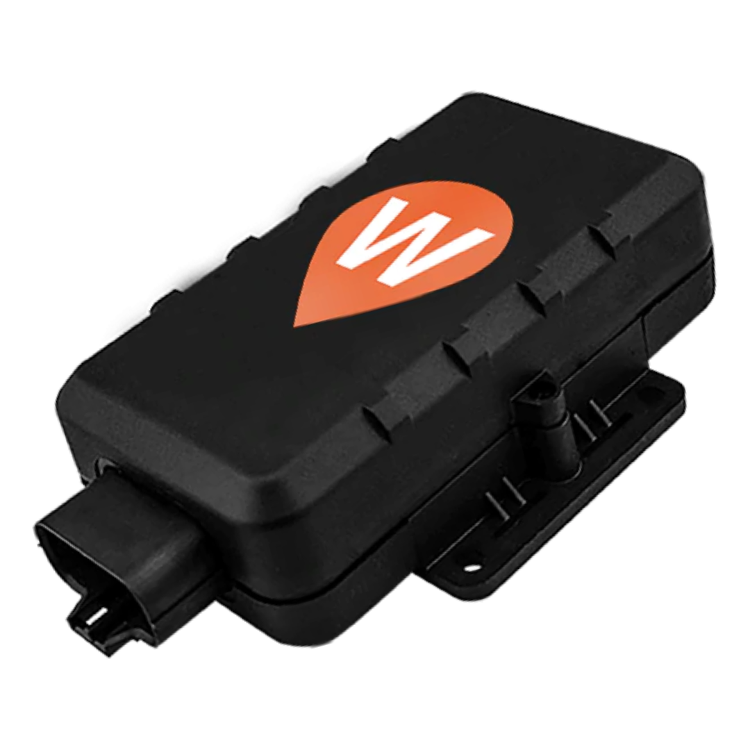 The WhereSafe Rugged GPS Tracker with an orange teardrop WhereSafe logo on it, on a white background.