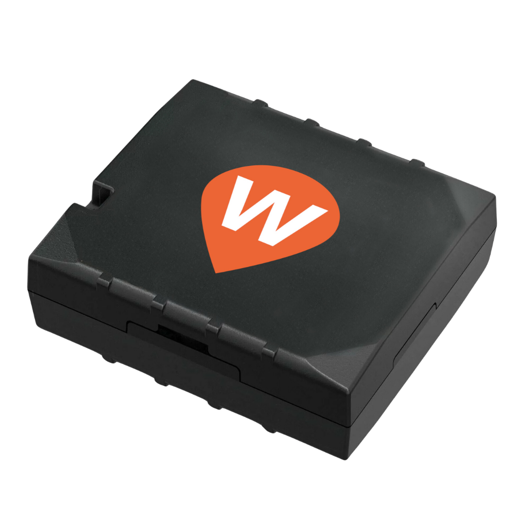 The WhereSafe Wired GPS tracker with an orange teardrop WhereSafe GPS logo, on a white background.