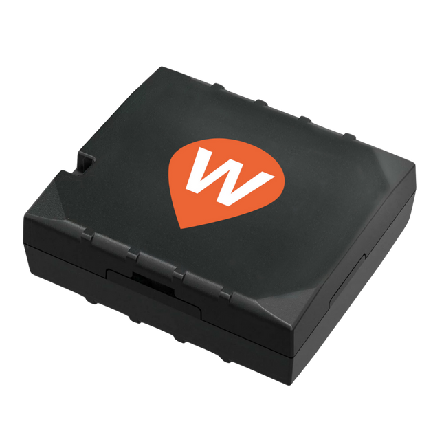 The WhereSafe Wired GPS tracker with an orange teardrop WhereSafe GPS logo, on a white background.