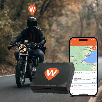The WhereSafe Wired GPS Tracker beside a smartphone showing the WhereSafe app map, with a person riding a motorcycle on a tree lined road with a WhereSafe logo overhead.