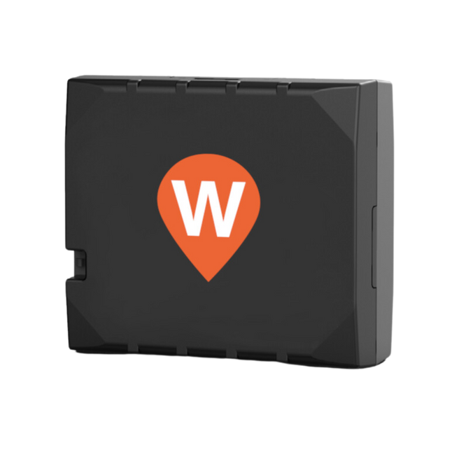A straight on view of the WhereSafe Wired GPS Tracker with an orange teardrop WhereSafe logo on it, on a white background.