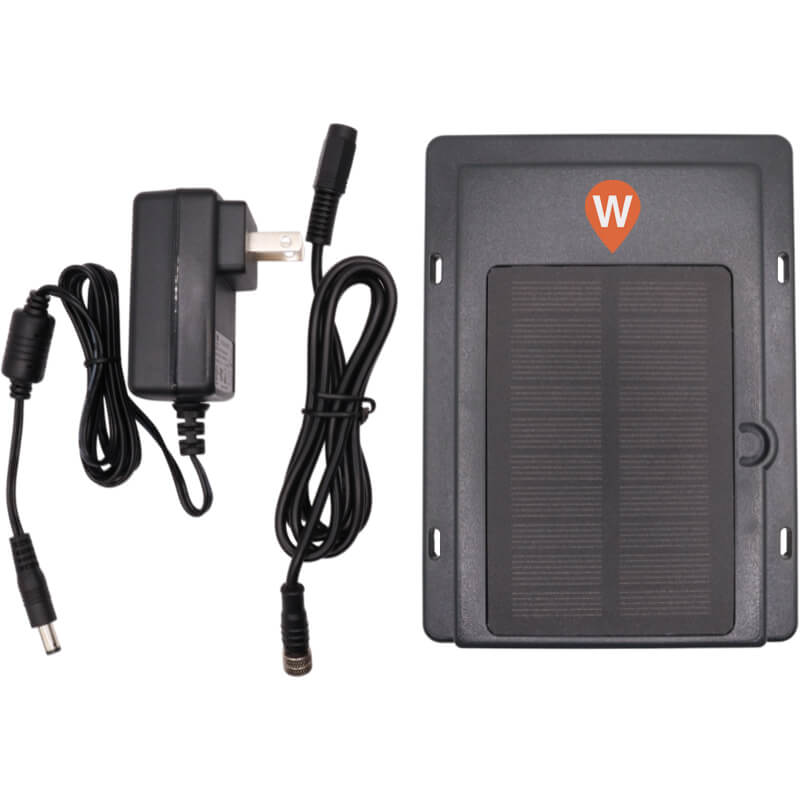 Xtracker Solar GPS tracker with integrated solar panel. charging cable and trickle charging cable.