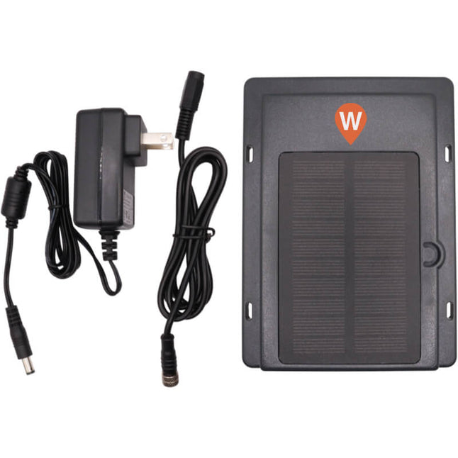 Xtracker Solar GPS tracker with integrated solar panel. charging cable and trickle charging cable.