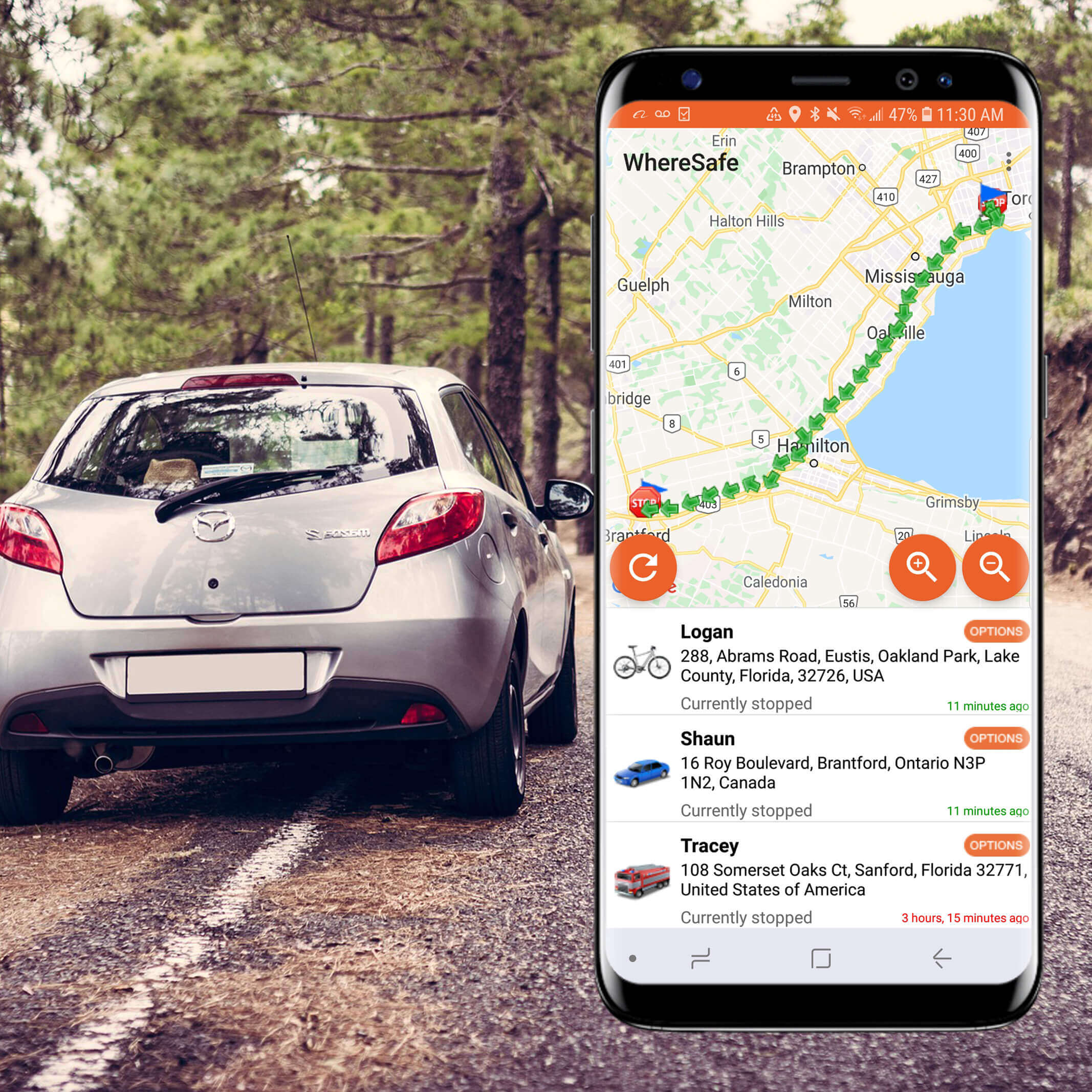 Parked car with WhereSafe GPS tracking app